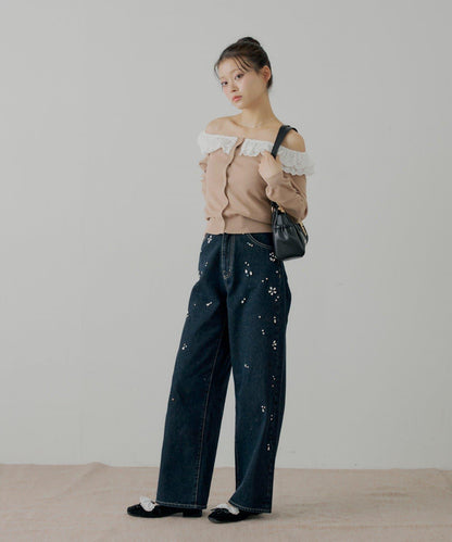 蕾絲層疊一字肩開衫