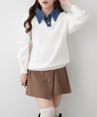 牛仔翻領寬鬆針織衫