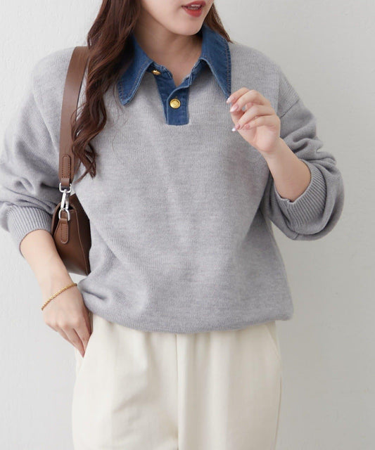 牛仔翻領寬鬆針織衫