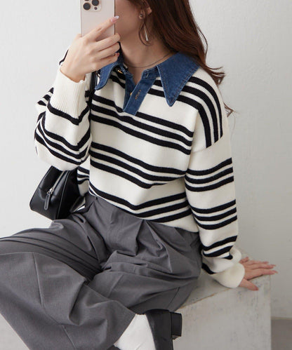 牛仔翻領寬鬆針織衫