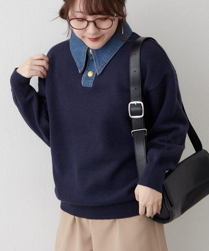 牛仔翻領寬鬆針織衫