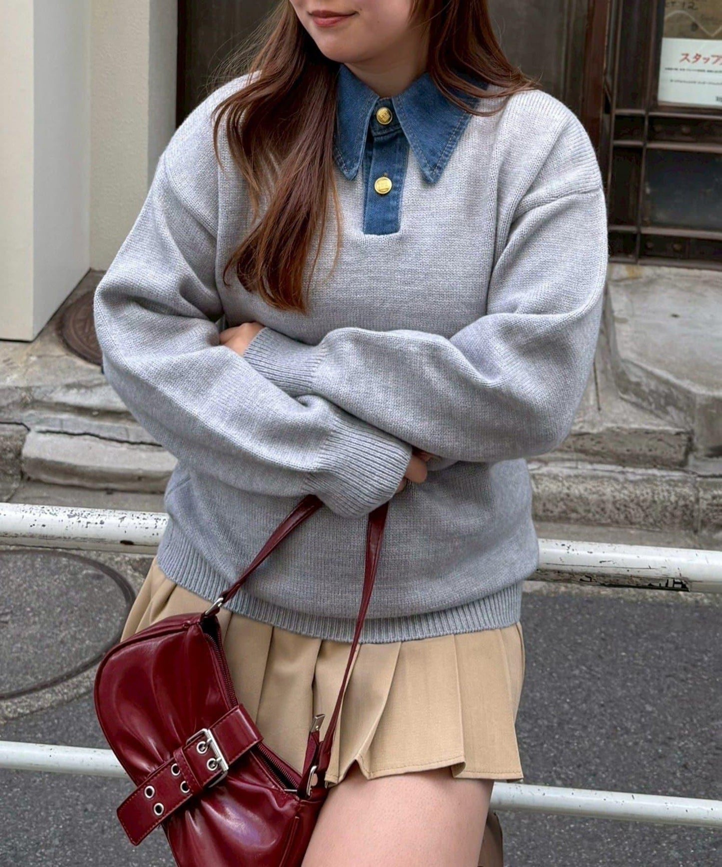 牛仔翻領寬鬆針織衫