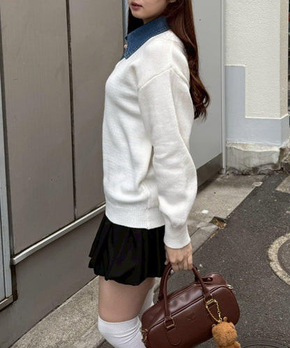 牛仔翻領寬鬆針織衫