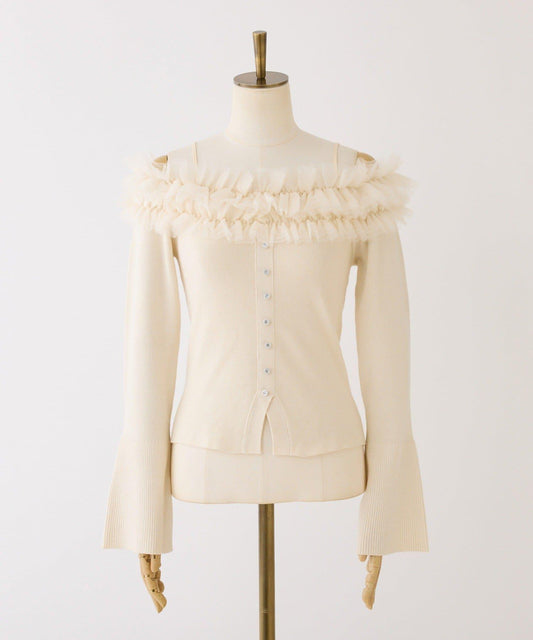 網紗荷葉邊一字肩針織衫