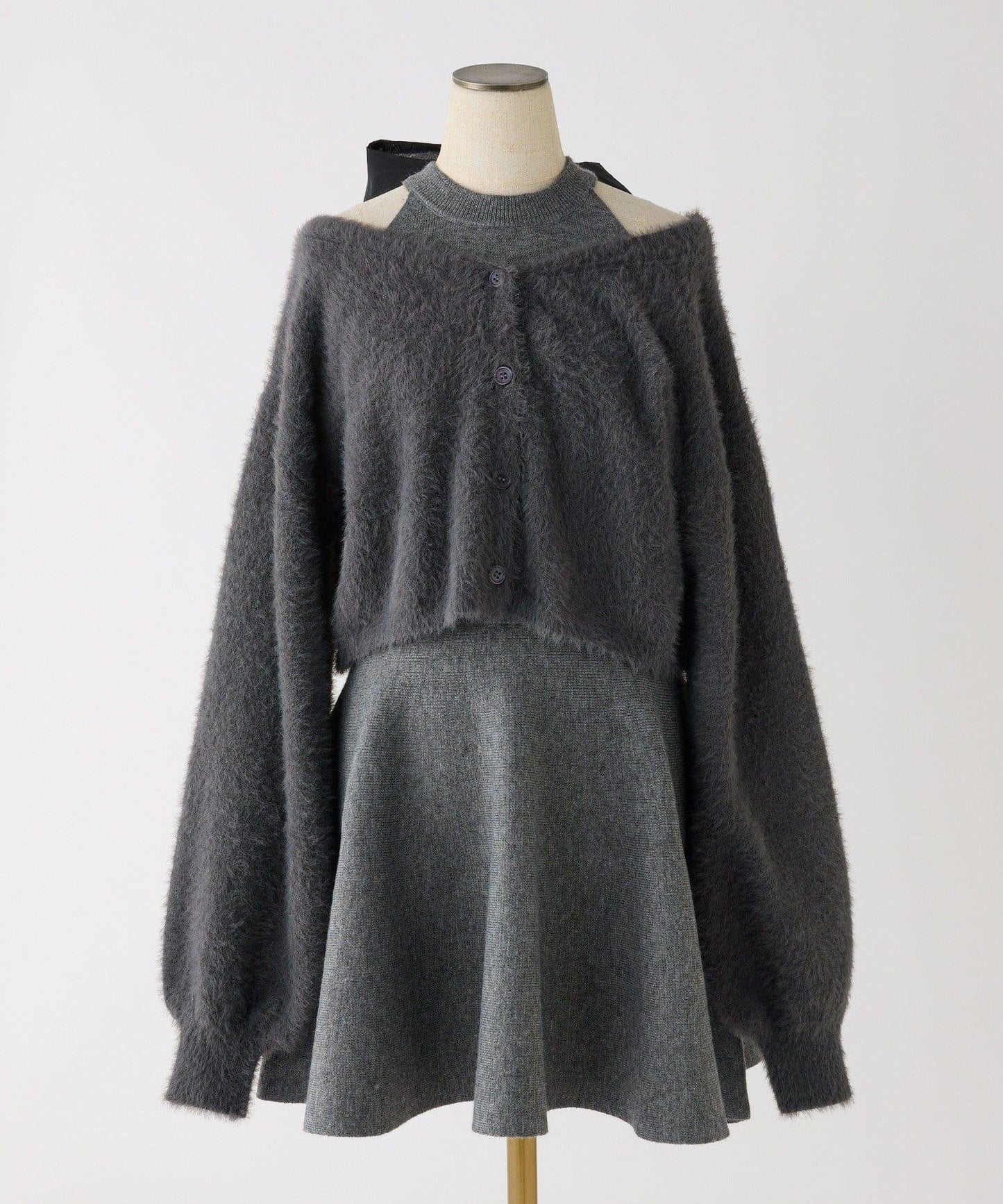 2WAY羽毛開衫套裝後系蝴蝶結針織迷你連衣裙