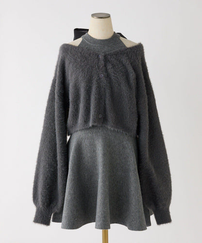 2WAY羽毛開衫套裝後系蝴蝶結針織迷你連衣裙