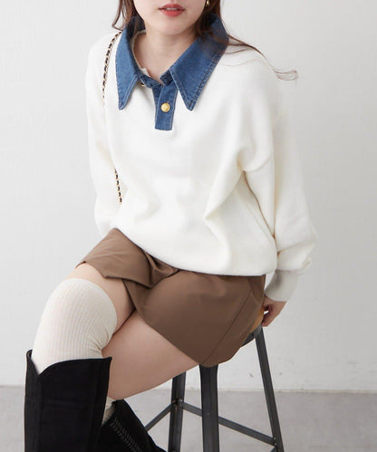 牛仔翻領寬鬆針織衫