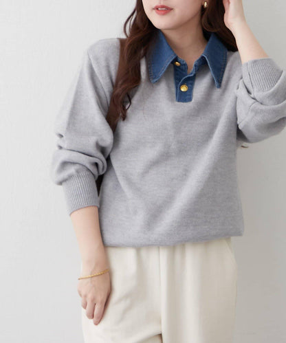 牛仔翻領寬鬆針織衫