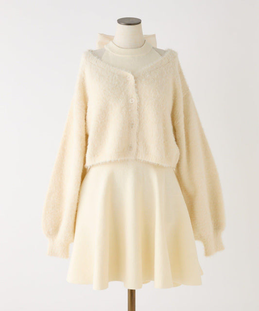 2WAY羽毛開衫套裝後系蝴蝶結針織迷你連衣裙