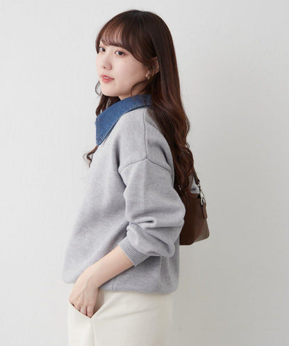 牛仔翻領寬鬆針織衫