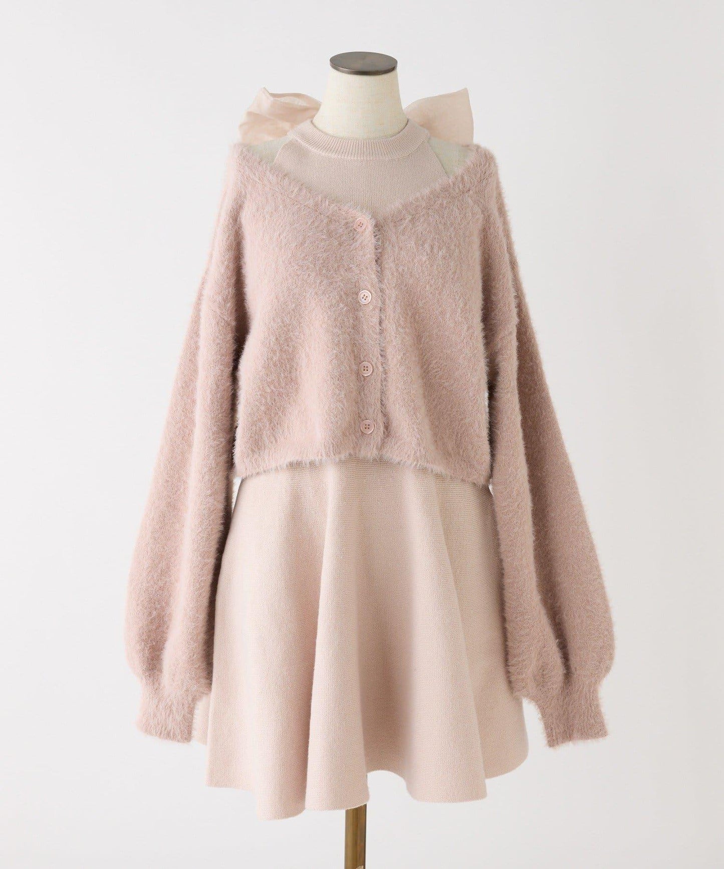 2WAY羽毛開衫套裝後系蝴蝶結針織迷你連衣裙