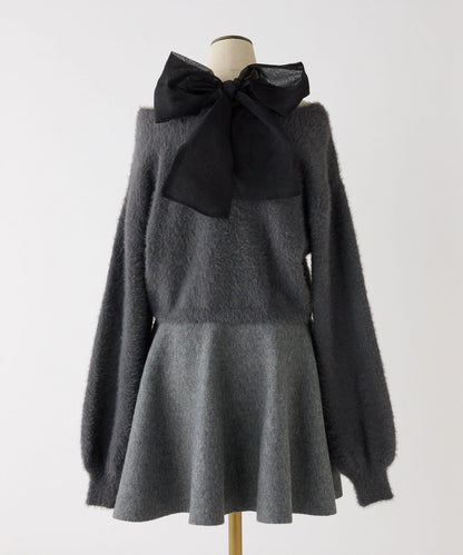 2WAY羽毛開衫套裝後系蝴蝶結針織迷你連衣裙