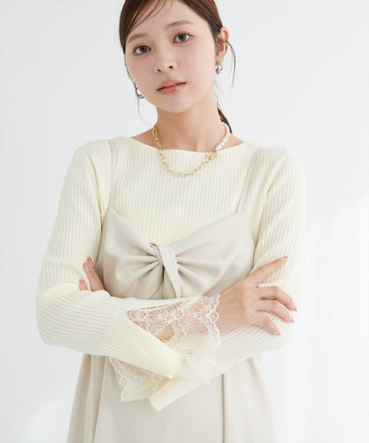 前後兩穿袖口蕾絲羅紋針織衫