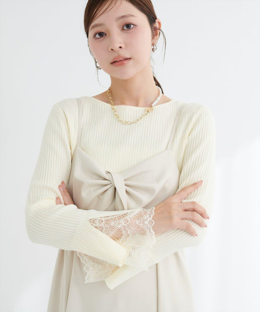 前後兩穿袖口蕾絲羅紋針織衫