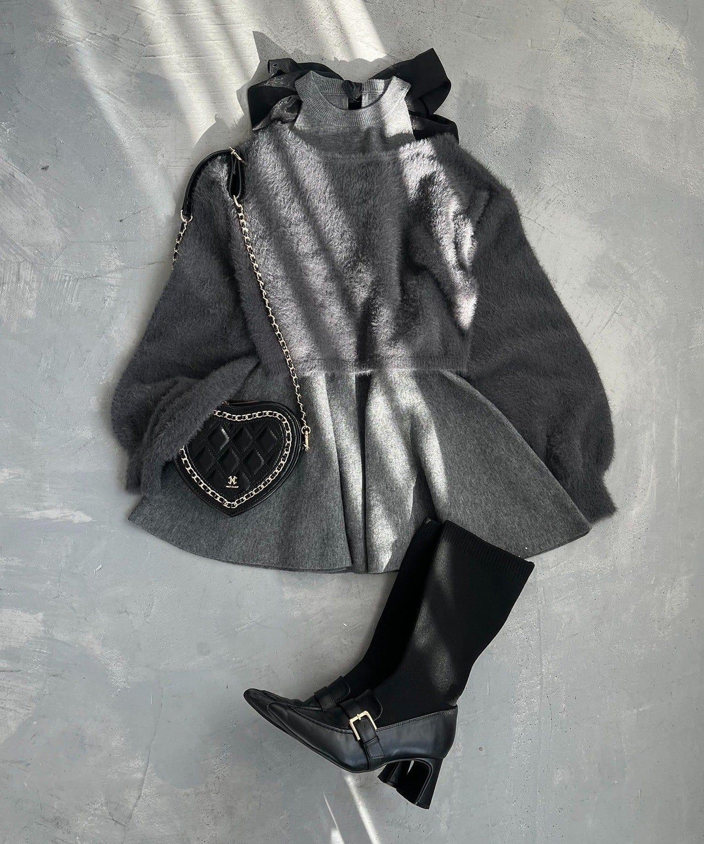 2WAY羽毛開衫套裝後系蝴蝶結針織迷你連衣裙