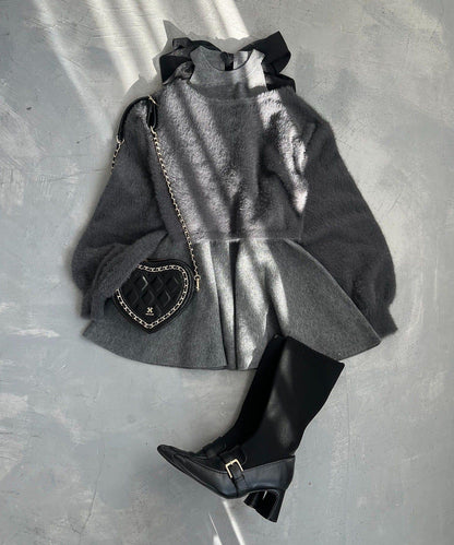 2WAY羽毛開衫套裝後系蝴蝶結針織迷你連衣裙