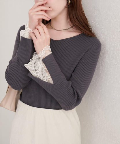 前後兩穿袖口蕾絲羅紋針織衫