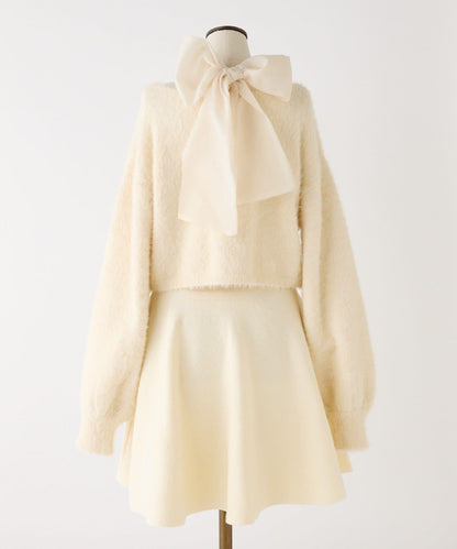 2WAY羽毛開衫套裝後系蝴蝶結針織迷你連衣裙