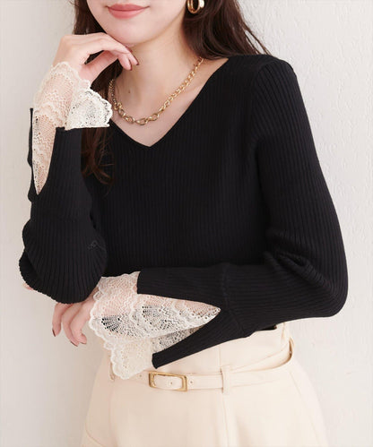 前後兩穿袖口蕾絲羅紋針織衫