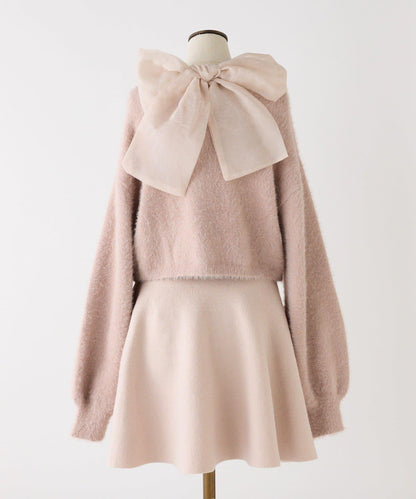 2WAY羽毛開衫套裝後系蝴蝶結針織迷你連衣裙