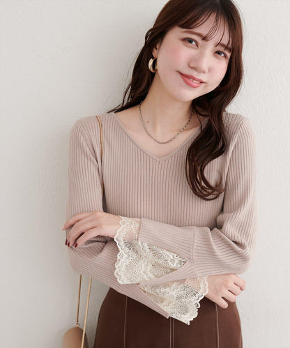 前後兩穿袖口蕾絲羅紋針織衫