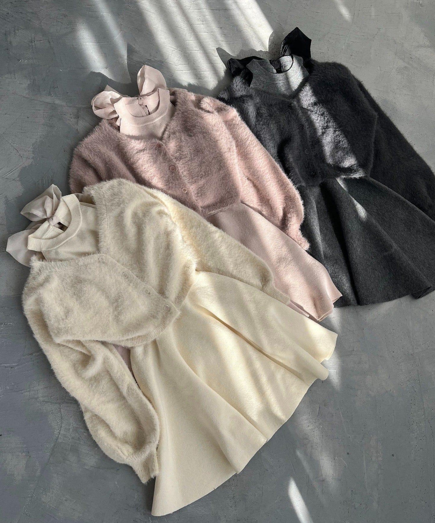 2WAY羽毛開衫套裝後系蝴蝶結針織迷你連衣裙