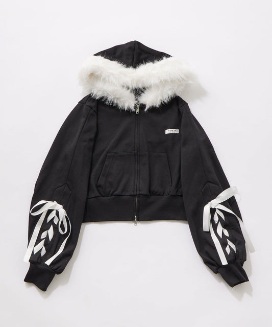 繫帶拉鍊連帽衛衣