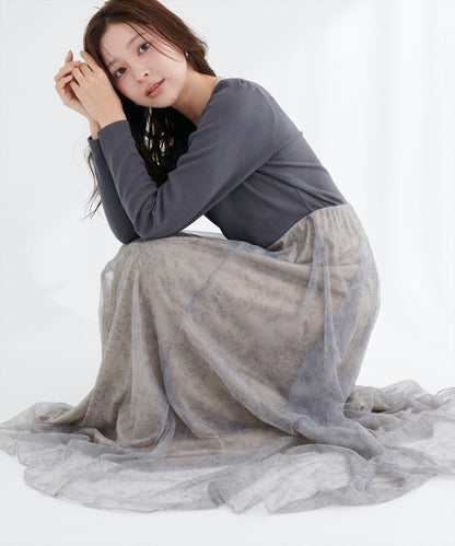 花卉圖案網紗連衣裙