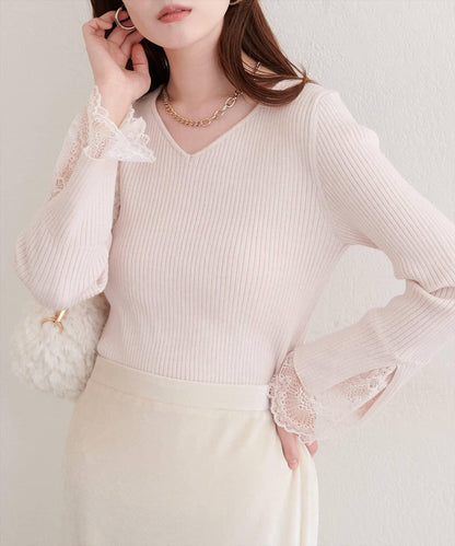 前後兩穿袖口蕾絲羅紋針織衫