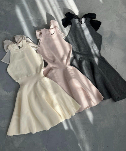 2WAY羽毛開衫套裝後系蝴蝶結針織迷你連衣裙