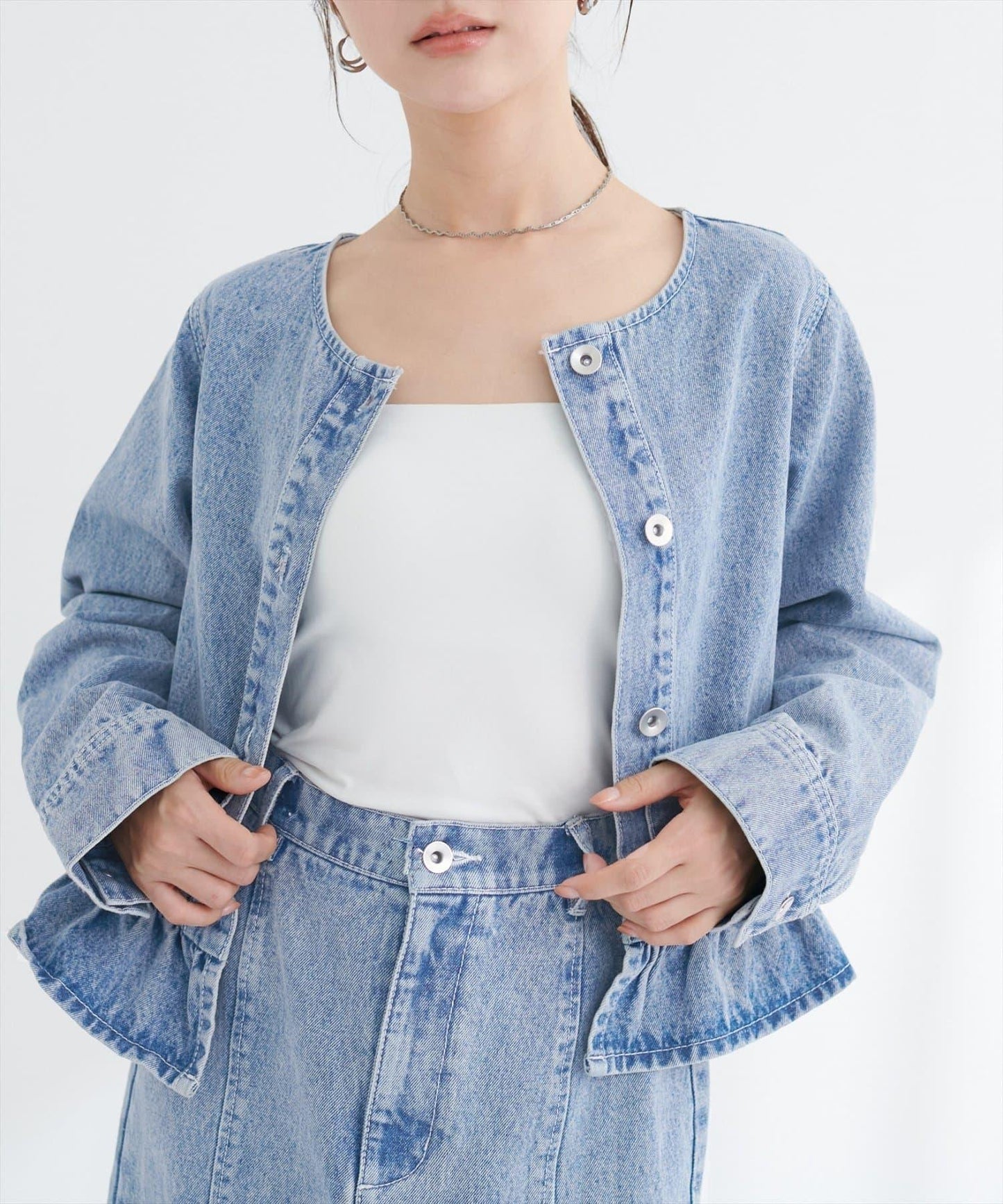 無領荷葉邊牛仔夾克