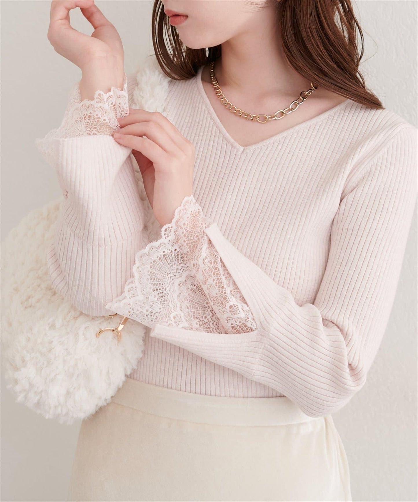 前後兩穿袖口蕾絲羅紋針織衫