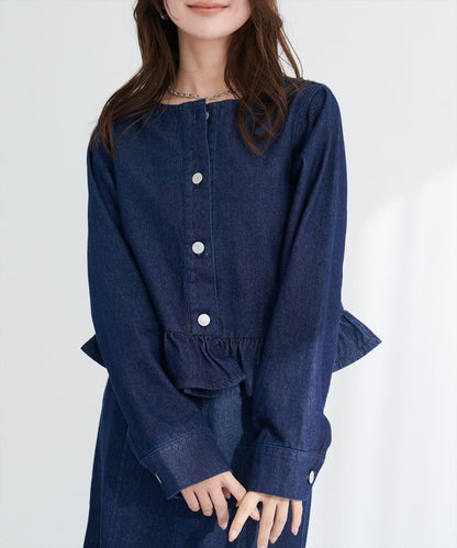 無領荷葉邊牛仔夾克