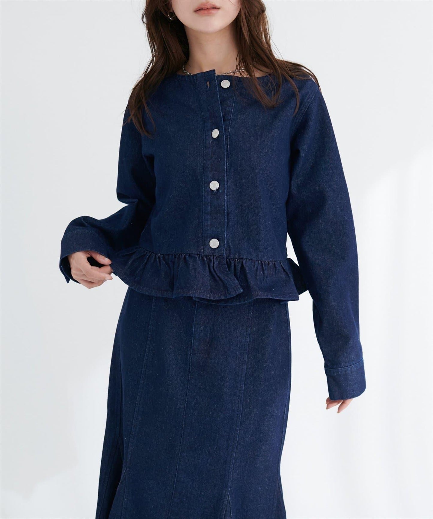 無領荷葉邊牛仔夾克
