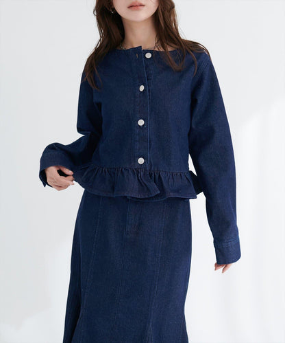 無領荷葉邊牛仔夾克