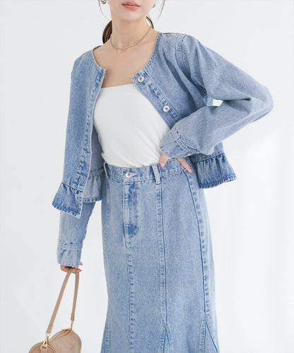 無領荷葉邊牛仔夾克