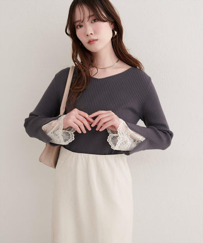 前後兩穿袖口蕾絲羅紋針織衫