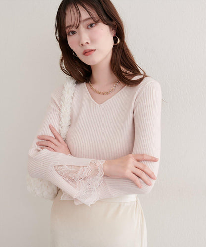 前後兩穿袖口蕾絲羅紋針織衫