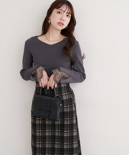 前後兩穿袖口蕾絲羅紋針織衫