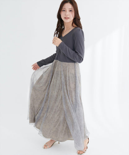 花卉圖案網紗連衣裙