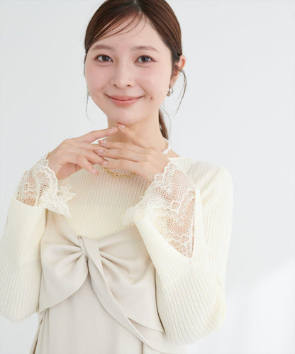 前後兩穿袖口蕾絲羅紋針織衫