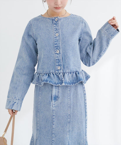 無領荷葉邊牛仔夾克