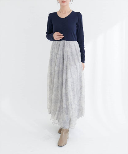 花卉圖案網紗連衣裙