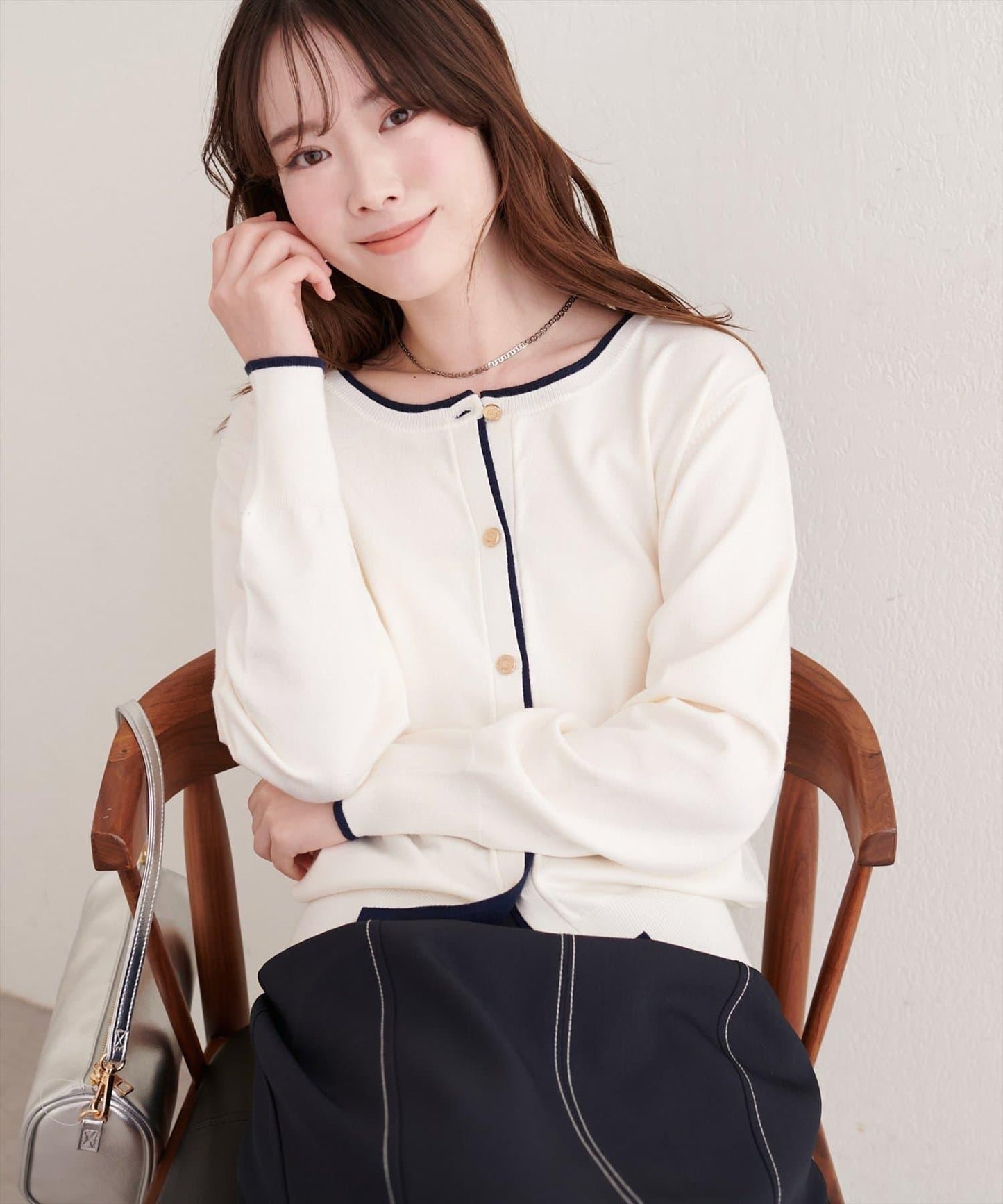 拼色金色紐釦針織開衫