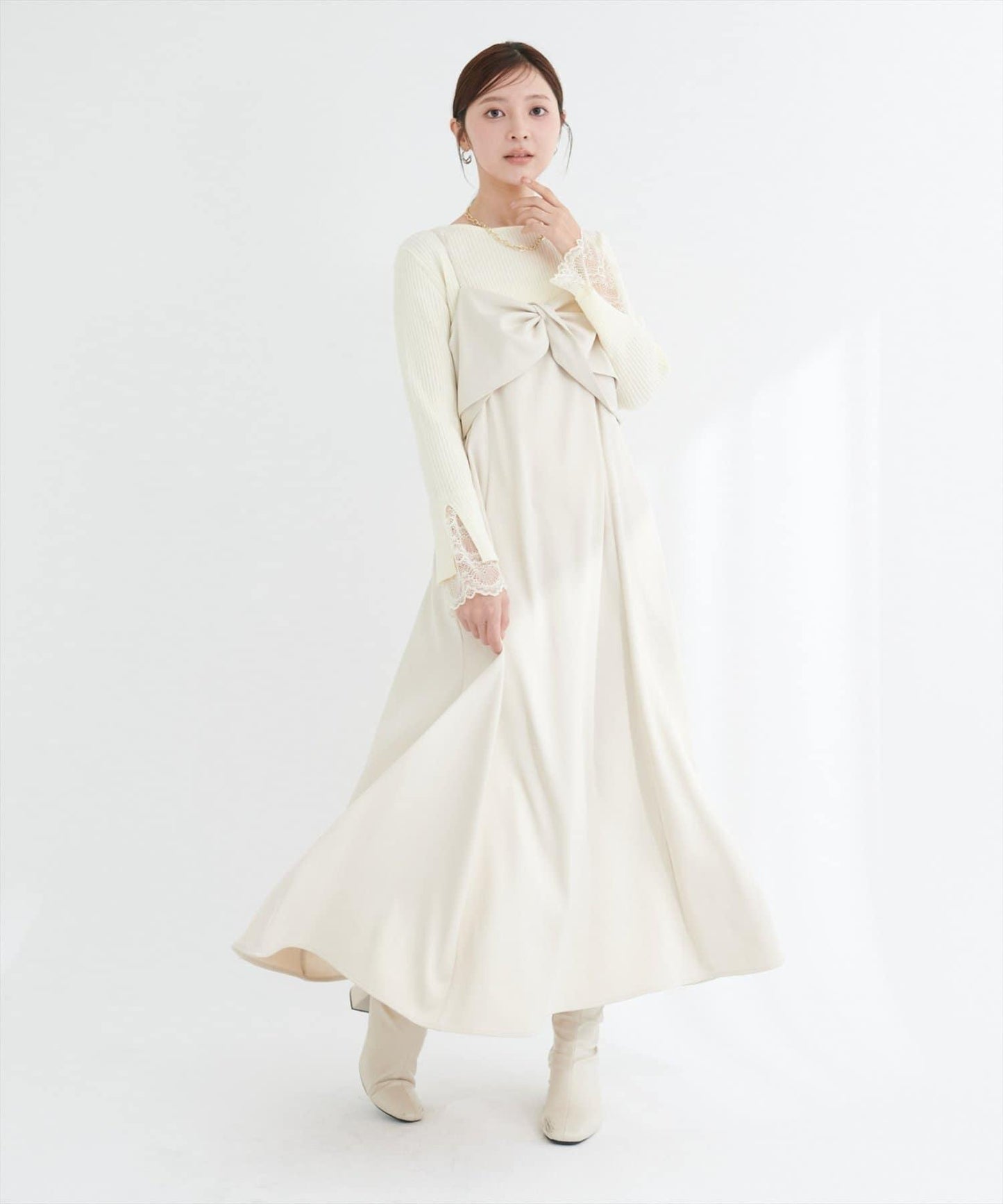 前後兩穿袖口蕾絲羅紋針織衫