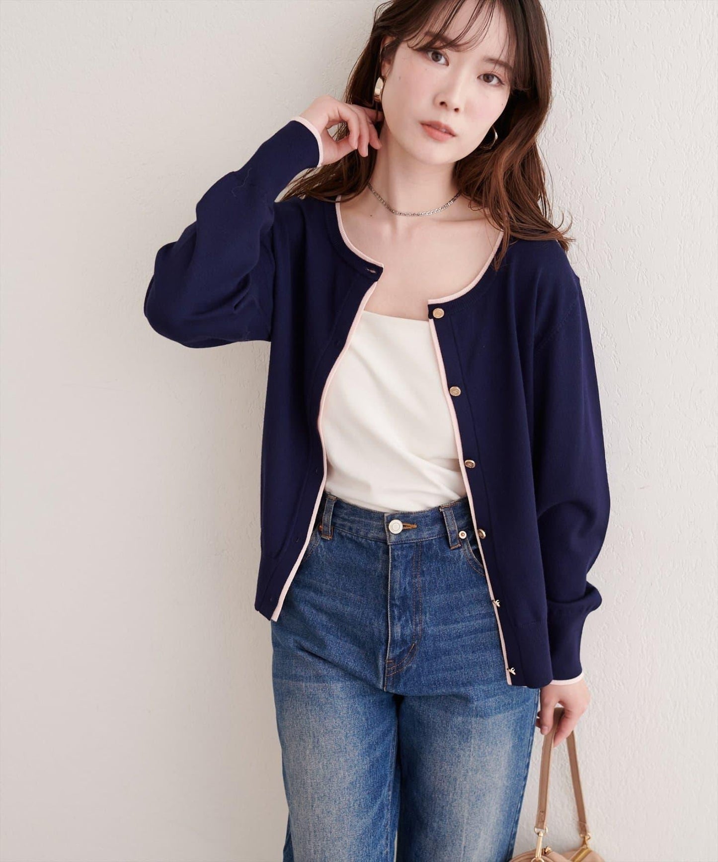 拼色金色紐釦針織開衫