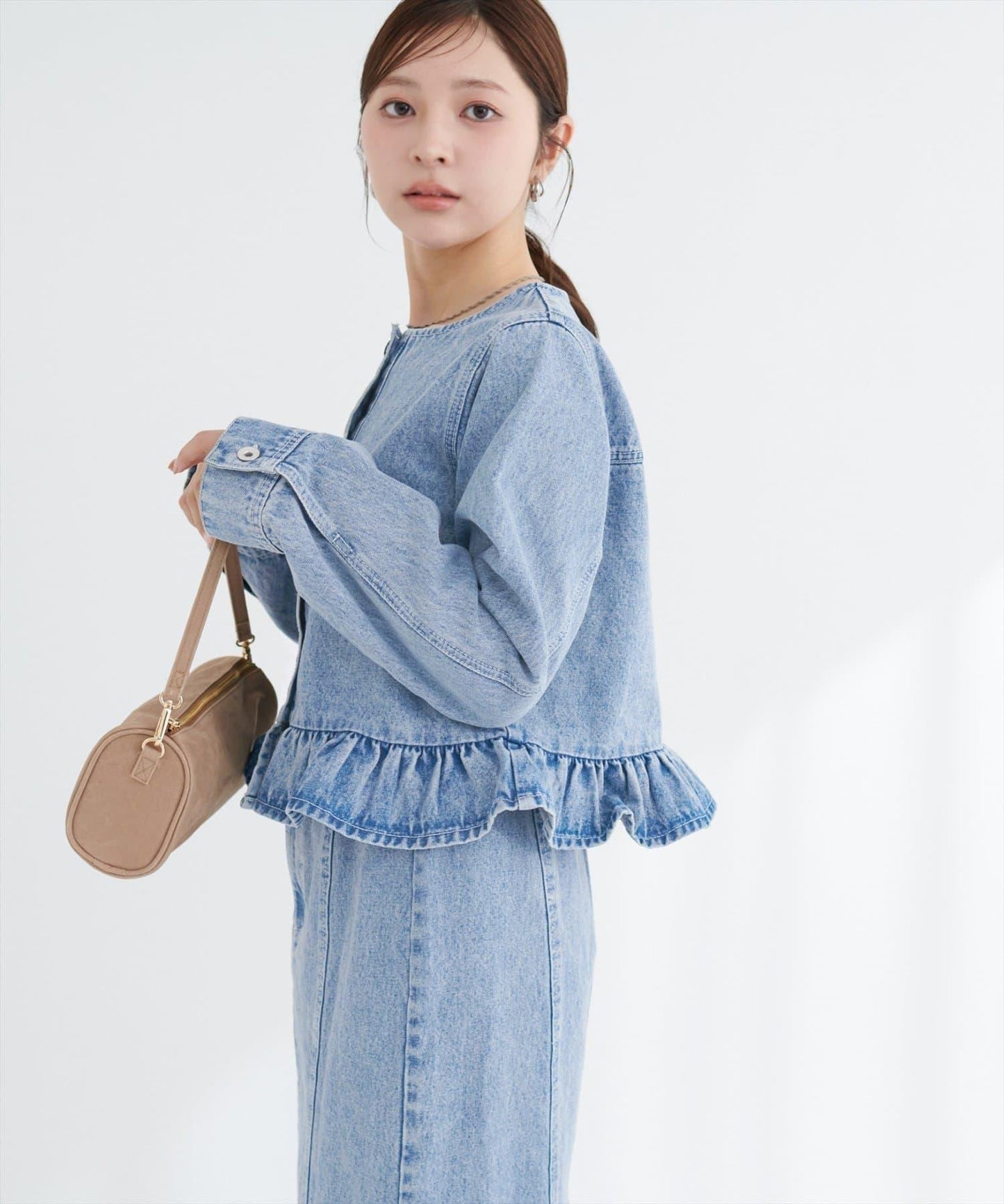 無領荷葉邊牛仔夾克