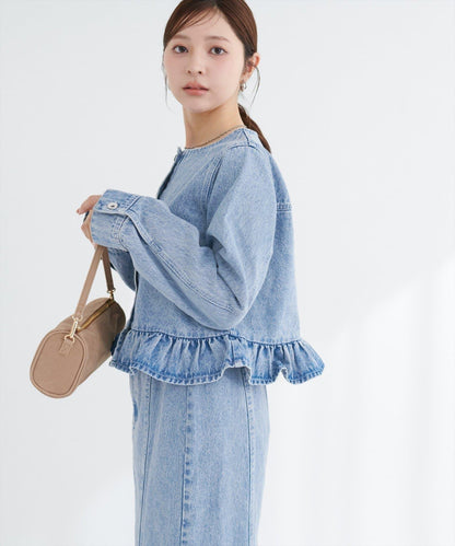 無領荷葉邊牛仔夾克