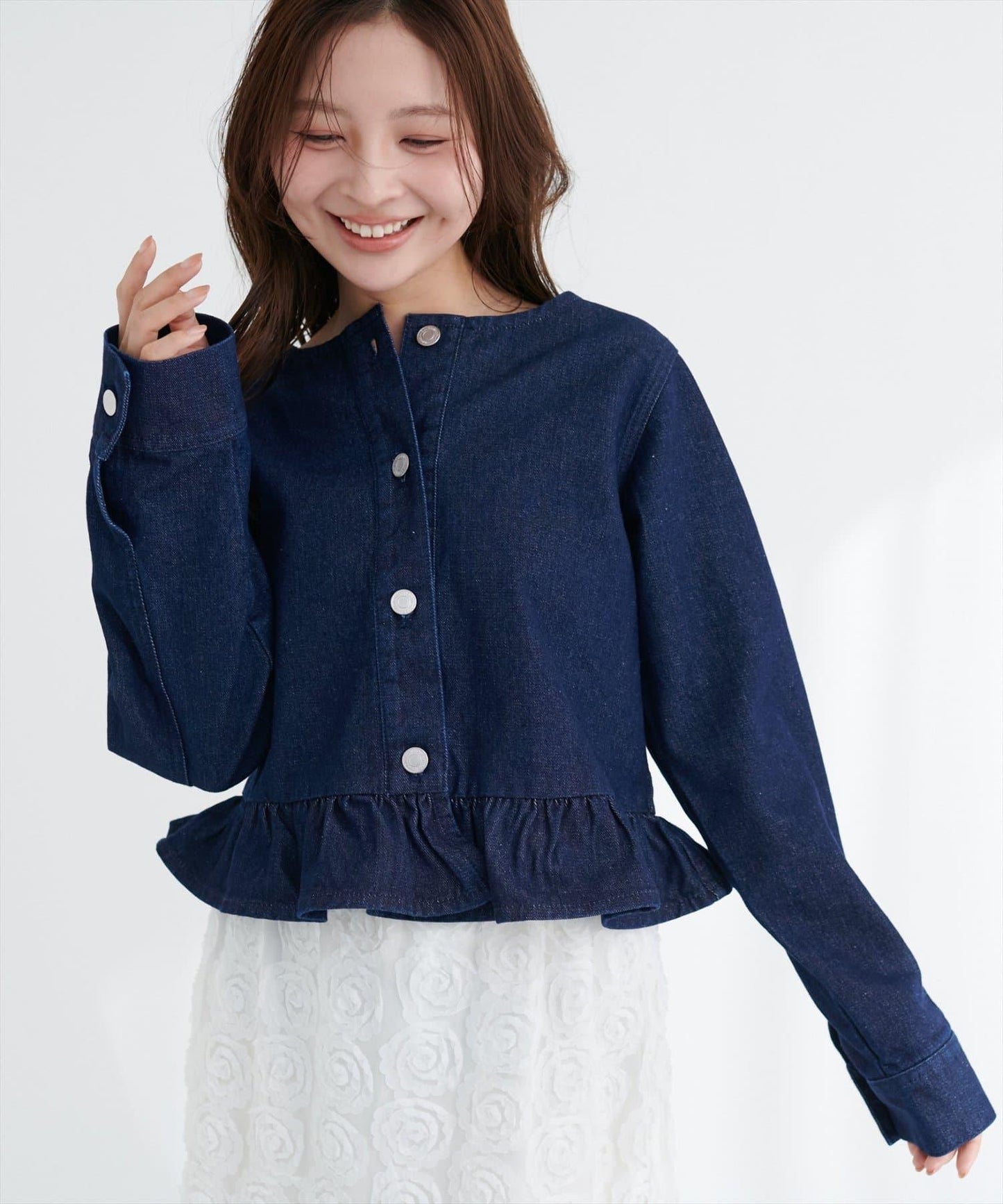 無領荷葉邊牛仔夾克