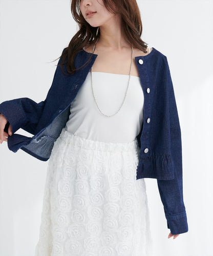 無領荷葉邊牛仔夾克